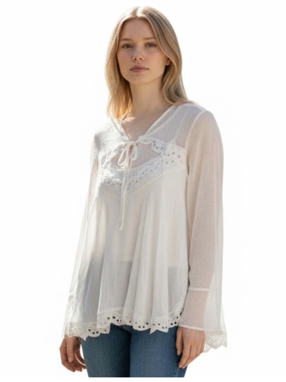 Free People Sheer Peasant Cream Lace Flowy Keyhole String Tie NWT Size L